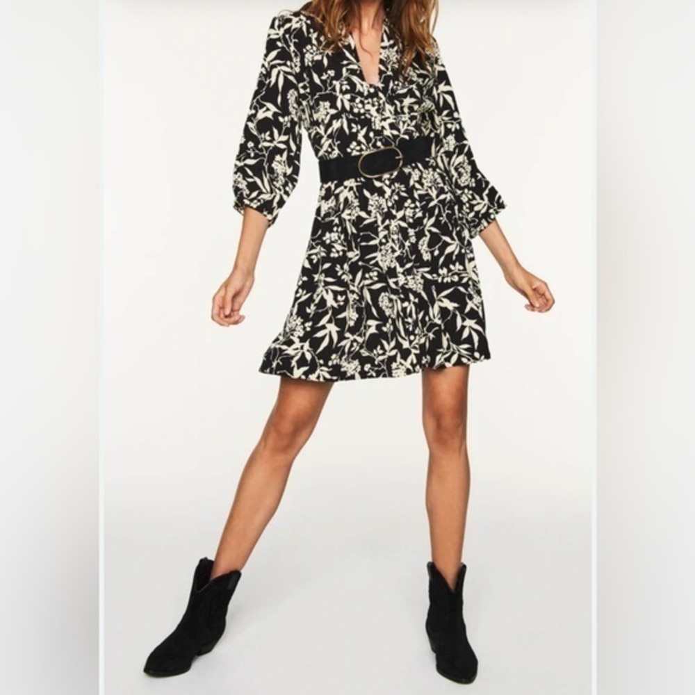 ba&sh Black and Cream Floral Long Sleeve Dress